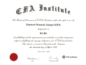 A CFA Institute certificate awarded to Jiri Pik, granting the Chartered Financial Analyst (CFA) designation. The certificate is dated April 30, 2015, and includes official signatures and a red embossed seal.