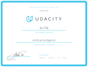 A Udacity certificate awarded to Jiri Pik for completing the Artificial Intelligence Nanodegree Program, dated October 6, 2017, with signatures and logos of co-creators IBM Watson, Amazon Alexa, Didi, and Affectiva.