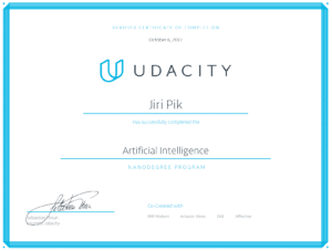 A Udacity certificate awarded to Jiri Pik for completing the Artificial Intelligence Nanodegree Program, dated October 6, 2017, and co-created with IBM Watson, Amazon Alexa, Didi, and Affectiva.