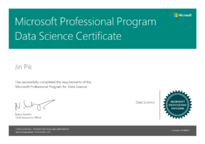 A Microsoft Professional Program Data Science Certificate awarded to Jiri Pik, signed by CEO Satya Nadella, dated November 16, 2017, with a blue and green design and Microsoft logo.