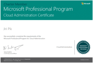 A Microsoft Professional Program Cloud Administration Certificate awarded to Jiri Pik, signed by Satya Nadella, with Microsoft and program logos, dated 01 February, 2018.