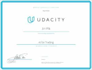 A Udacity certificate awarded to Jiri Pik on May 19, 2019, for completing the AI for Trading Nanodegree Program. The certificate includes a signature and Udacity logo, framed with a blue border.