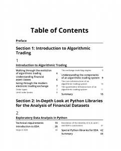 Table of Contents page listing Introduction to Algorithmic Trading with Python and In-Depth Look at Python Libraries, including chapters on Algorithmic Trading with Zipline, with clear page numbers. Black text on a white background.