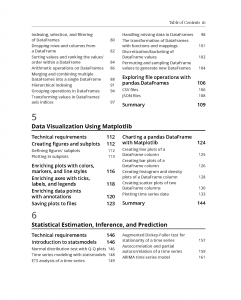 A table of contents page listing chapters on data visualization with Matplotlib, statistical estimation, inference, prediction, and Algorithmic Trading with Python, featuring detailed section titles and corresponding page numbers.
