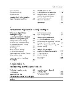 A table of contents page from a book, listing topics and page numbers related to trading strategies, environments, and appendices—including sections on Algorithmic Trading with Python and Algorithmic Trading with Zipline.