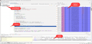 Screenshot of a Python script debugging session in an IDE. Annotated callouts highlight a breakpoint in the code, variable watches at the bottom, and a DataFrame with transaction data on the right side.