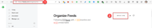Screenshot of a web page titled Organize Feeds with the URL highlighted at the top left and an IMPORT OPML button highlighted on the right side of the page.