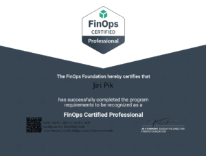 A certificate awarded to Jiri Pik by the FinOps Foundation, recognizing completion of requirements as a FinOps Certified Professional, valid from April 9, 2022, to April 9, 2024.