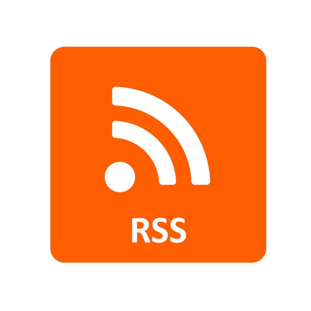 Orange square icon with a white RSS feed symbol and the letters RSS below it, indicating a web feed or subscription service.