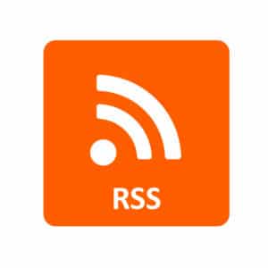Orange square icon with a white RSS feed symbol and the letters RSS below it, indicating a web feed or subscription service.
