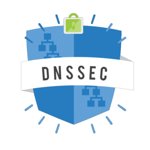 A blue shield divided in two shades with a white banner labeled DNSSEC across the middle and a green padlock on top, symbolizing secure DNS.