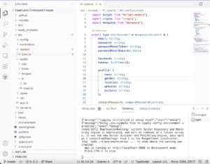 Screenshot of Visual Studio Code showing a TypeScript file defining a user document interface for MongoDB. The interface includes fields for ID, email, password, Facebook tokens, and a profile object with name, picture, website, and string fields.