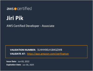 Certificate displaying aws certified badge for Jiri Pik as an AWS Certified Developer - Associate. Includes validation number, validation link, issue date (June 3, 2022), and expiration date (June 3, 2025).