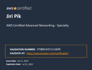 AWS Certified Advanced Networking - Specialty certificate for Jiri Pik, showing validation number 57SBB1W2Y111QE9E, validation link, issue date July 11, 2022, and expiration date July 11, 2025.