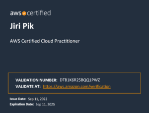 AWS Certified Cloud Practitioner certificate for Jiri Pik, showing validation number DTB1K6R25BQQ1PWZ and a validation link. Issue date: Sep 11, 2022. Expiration date: Sep 11, 2025.