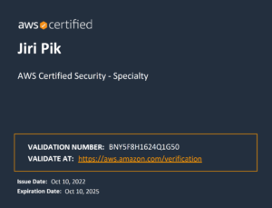 AWS Certified Security - Specialty certificate for Jiri Pik, showing validation number BNY5F8H1624Q1G50, verification link, issue date October 10, 2022, and expiration date October 10, 2025.