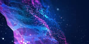Abstract digital art featuring interconnected geometric shapes in blue and purple tones, with glowing particles and light effects scattered across a dark background, creating a dynamic and futuristic appearance.