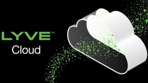 A stylized black and white cloud with green digital particles dispersing from it, next to the text LYVE Cloud on a black background.