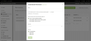 A web interface for creating bucket permissions in Lyve Cloud. Options include selecting existing buckets, all buckets, or buckets with a prefix, and setting actions to All operations or Read only. A Create button is visible.