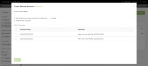 A web interface for creating a service account in Lyve Cloud. Options include entering a service account name and selecting permissions such as Allow write only on bucket and Allow read only on bucket.