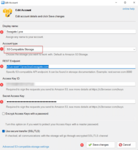 A software window titled Edit Account displays settings for connecting to S3 Compatible Storage, with fields for display name, account type, API endpoint, access key, secret access key, and options for encryption and access key password.