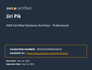 AWS Certified Solutions Architect - Professional certificate for Jiri Pik, showing validation number, verification link, issue date of Nov 14, 2022, and expiration date of Nov 14, 2025.