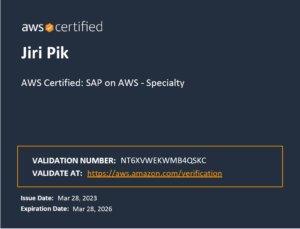 AWS certification for Jiri Pik in SAP on AWS - Specialty, with a validation number, verification link, issue date March 28, 2023, and expiration date March 28, 2026, displayed on a dark background.