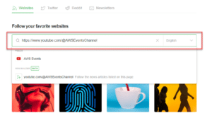 A website subscription page displays a YouTube channel URL entered in the search bar, with a drop-down menu set to English and content previews below—perfect for those interested in rapid mastering of AWS Events.