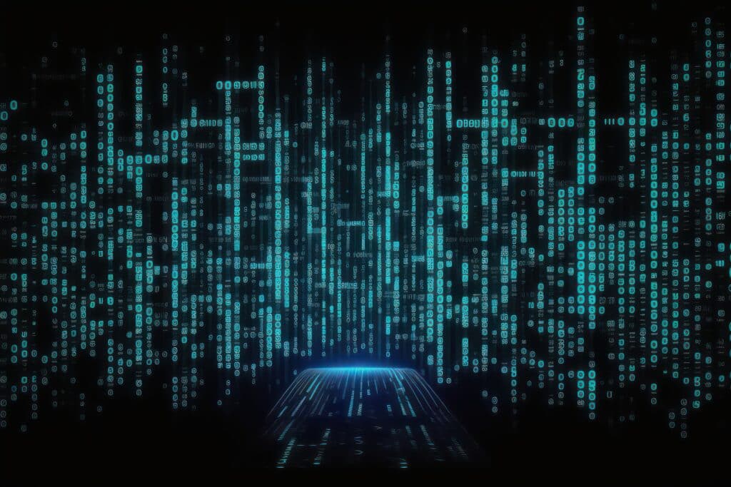 A digital landscape with glowing blue binary code streams and data symbols cascading vertically against a black background, evoking a futuristic, virtual reality or matrix-like environment.