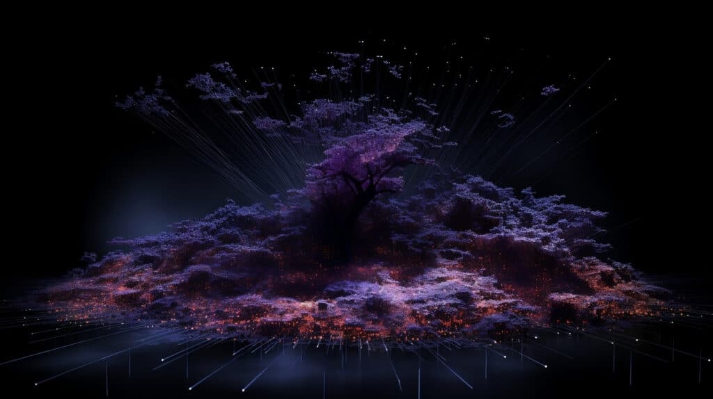 A digital art image of a glowing purple tree at the center of a misty, illuminated mound evokes a futuristic, ethereal effect—much like the most performant Docker image for data science radiating efficiency in a dark digital landscape.