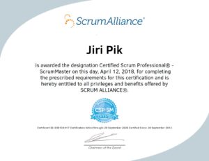 A Scrum Alliance certificate awarded to Jiri Pik as a Certified Scrum Professional ScrumMaster, dated April 12, 2018, featuring the Scrum Alliance logo and an official certification seal.
