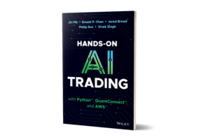 A book titled Hands-On AI Trading with Python, QuantConnect, and AWS by Jiri Pik, Ernest P. Chan, Jared Broad, Philip Sun, and Vivek Singh, published by Wiley, featuring a dark tech-themed cover.