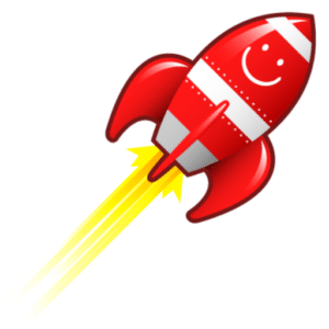 A red cartoon rocket with white stripes and a smiling face blasts off, leaving behind yellow and white streaks to represent its bright exhaust flames.