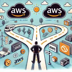 A person stands at a forked road under two AWS clouds, surrounded by AWS logos, boxes, books, signs, and tech icons, symbolizing choices and paths in the AWS community or learning journey.
