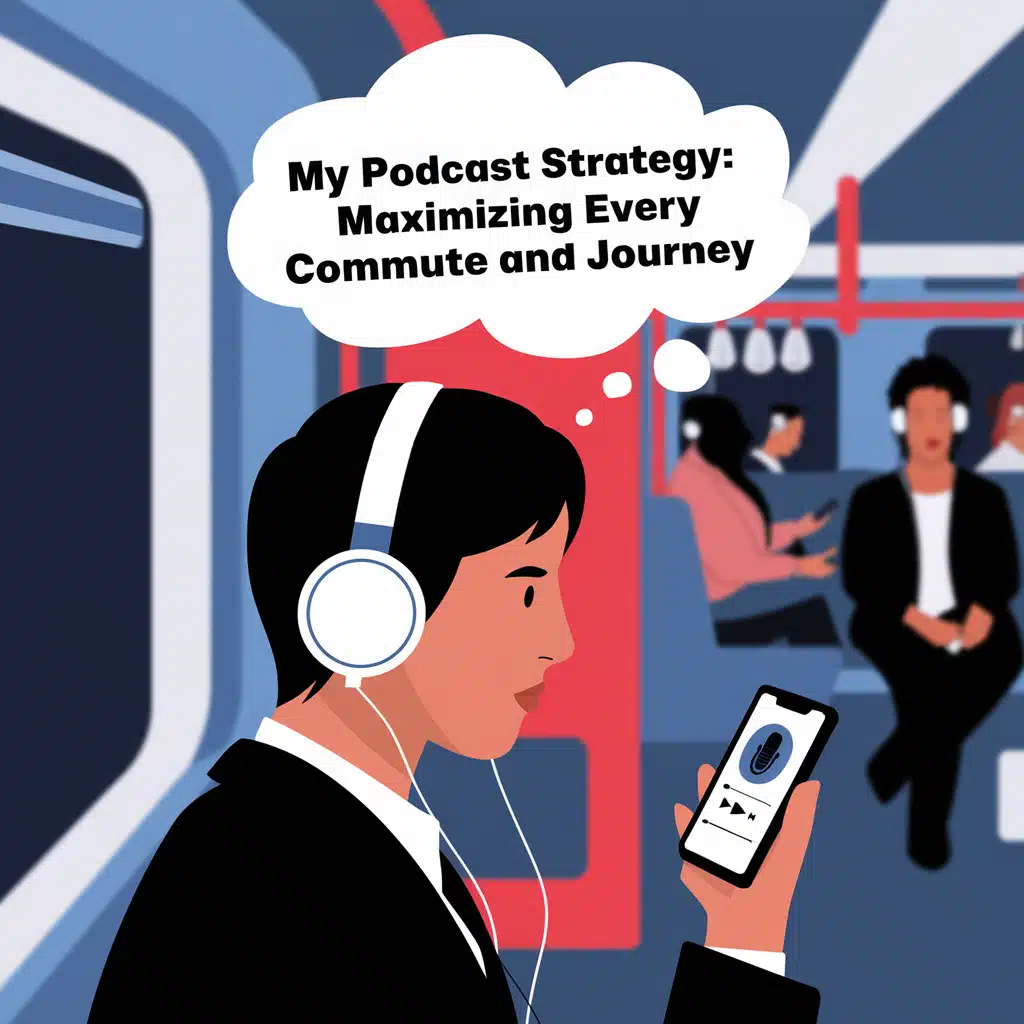 A person wearing headphones listens to a podcast on their phone while riding public transportation. A thought bubble reads, My Podcast Strategy: Maximizing Every Commute and Journey. Other passengers sit in the background.