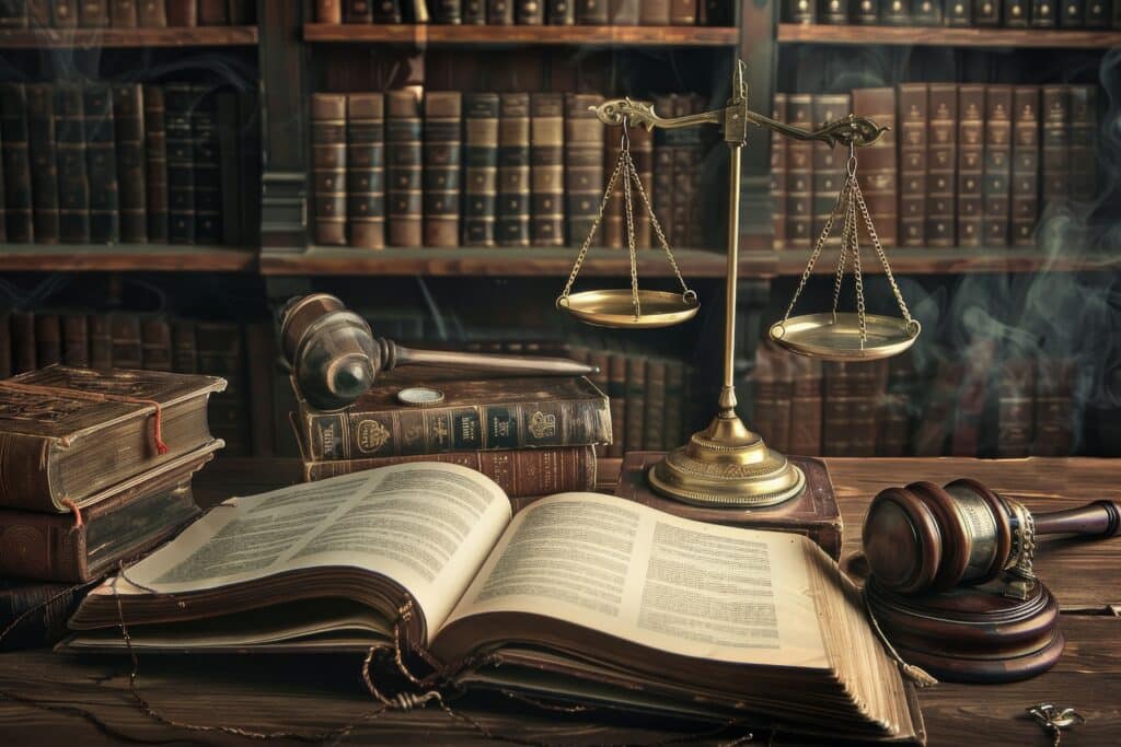 A law library scene with an open book, old legal books, wooden gavels, and brass balance scales on a wooden table, with shelves of more books in the background and a faint wisp of smoke.