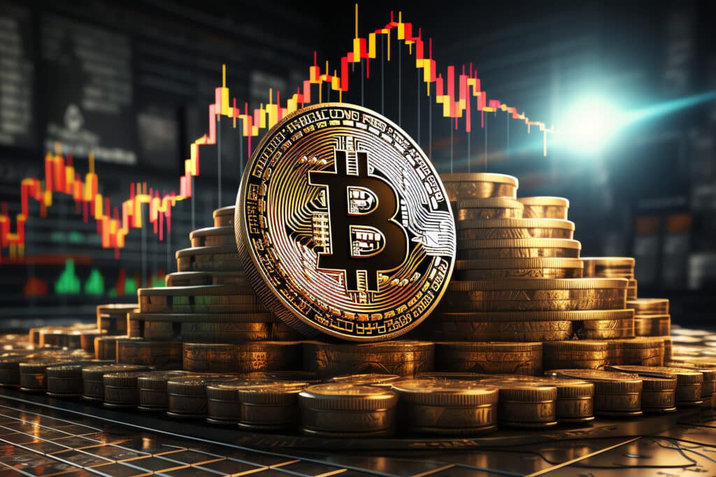 Stacks of gold coins with a large Bitcoin symbol coin in front, set against a background showing a fluctuating financial chart and glowing lights, representing cryptocurrency and market trends.