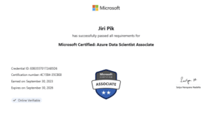 A Microsoft certificate awarded to Jiri Pik for successfully passing all requirements for Microsoft Certified: Azure Data Scientist Associate. It includes credential details and is signed by Satya Nadella.