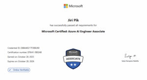 A Microsoft certificate awarded to Jiri Pik for completing all requirements as a Microsoft Certified: Azure AI Engineer Associate, with credential and exam details, a badge, and Satya Nadellas signature.