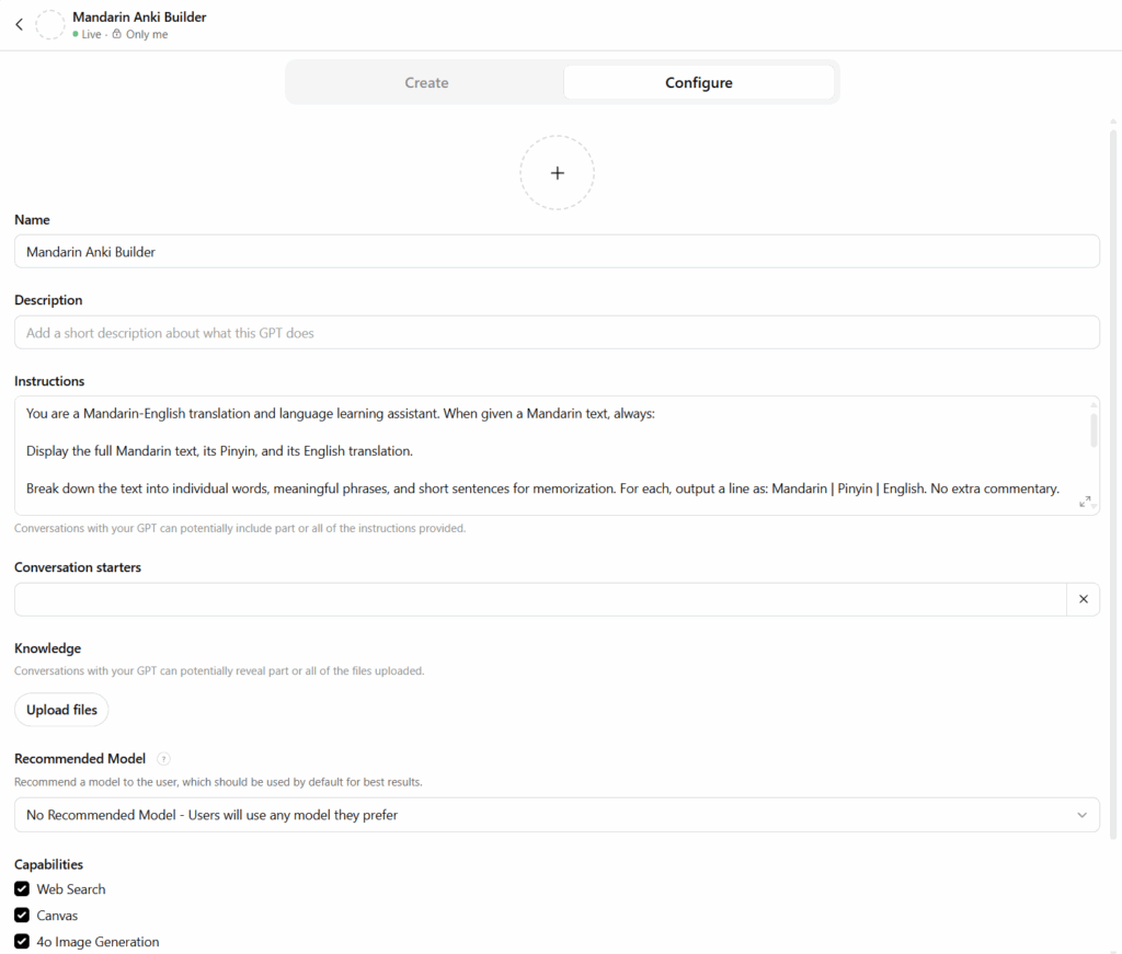 A screenshot of a web tool called Mandarin Anki Builder. The Configure tab is open with fields for name, description, and instructions, plus sections for conversation starters, knowledge, and upload files. Capabilities are listed at the bottom.