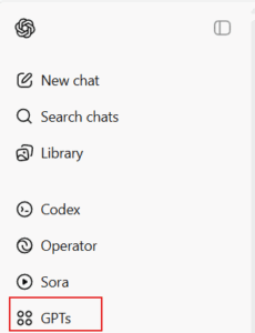 A navigation menu from an application showing options: New chat, Search chats, Library, Codex, Operator, Sora, and GPTs (outlined in red). The menu includes various icons next to each option.