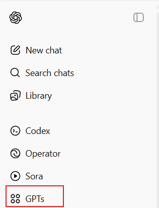A navigation menu from an application showing options: New chat, Search chats, Library, Codex, Operator, Sora, and GPTs (outlined in red). The menu includes various icons next to each option.