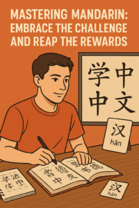 An illustration of a man studying Mandarin, writing characters in a notebook at a desk. Flashcards and books with Chinese characters and pronunciations are visible, with a motivational title above him about mastering Mandarin.