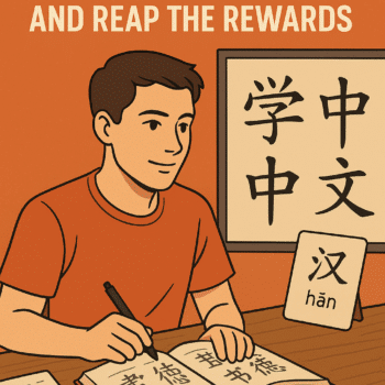 An illustration of a man studying Mandarin, writing characters in a notebook at a desk. Flashcards and books with Chinese characters and pronunciations are visible, with a motivational title above him about mastering Mandarin.
