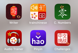Six Chinese learning app icons on a screen: Writer, trainchinese, C. Numbers, Audio Trainer, Pinyin, and Challenges. Each icon features Chinese characters and themed graphics.