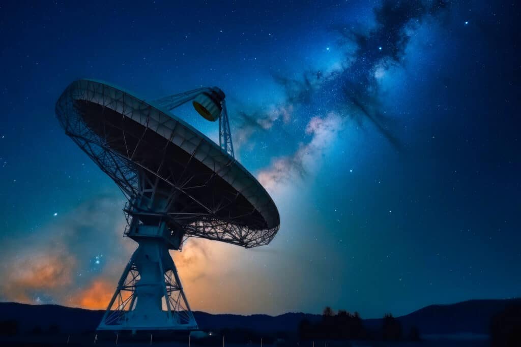 A spacecraft travels through deep space with a distant bright star and the Milky Way galaxy in the background, surrounded by stars and glowing light effects.