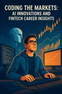 A person at a computer is surrounded by digital screens, charts, and a robot head, with the text: CODING THE MARKETS: AI Innovations and Fintech Career Insights displayed above.