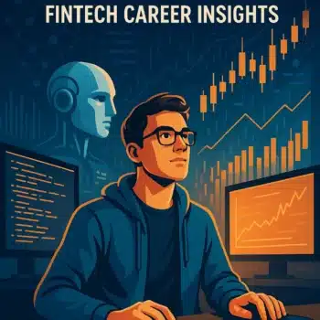 A person at a computer is surrounded by digital screens, charts, and a robot head, with the text: CODING THE MARKETS: AI Innovations and Fintech Career Insights displayed above.