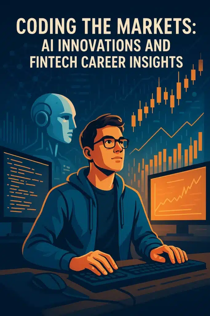 A person at a computer is surrounded by digital screens, charts, and a robot head, with the text: CODING THE MARKETS: AI Innovations and Fintech Career Insights displayed above.