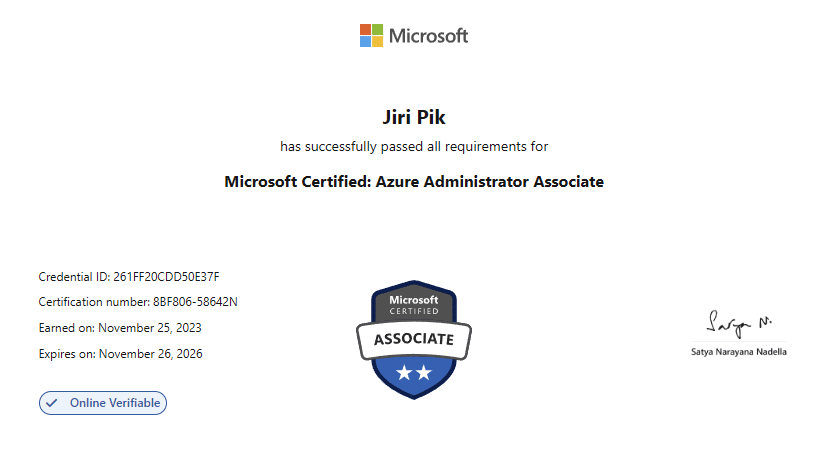 A Microsoft certificate awarded to Jiri Pik for completing the requirements for Microsoft Certified: Azure Administrator Associate. It includes certification ID, issue and expiry dates, and a badge with the word Associate.